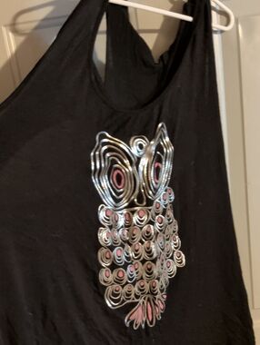 Black Tank Top Hoodie with Silver & Pink Owl Detail